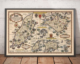 Old Map of British Islands - Isle of Wight, Scilly, Man, Jersey, Guernsey - Old Car Plan - Esso, Pratts, Standard Oil - Framed Unframed Gift
