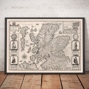 Old Map of Scotland, 1611 by John Speed - Orkney, Shetland, Highlands, Skye, Loch Ness - Personalised Monochrome  - Framed, Unframed