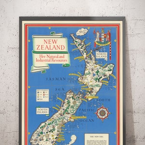 Oude kaart van Nieuw-Zeeland, 1943 door Macdonald Gill - kaart koloniale Britse rijk Tweede Wereldoorlog - Natuurlijke en industriële hulpbronnen - ingelijst, ingelijst