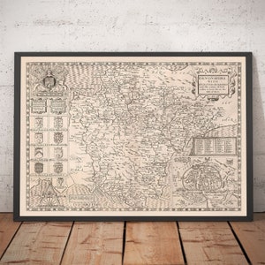 Ancienne carte du Devon, 1611 par John Speed - Plymouth, Exeter, Torquay, Paignton, Exmouth, Barnstaple - encadrée, sans cadre