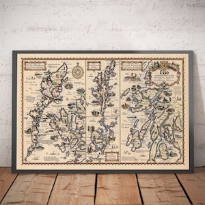 Ancienne carte des îles écossaises - Hébrides extérieures, intérieures, Shetland, Orcades, Skye - Plan de voiture ancienne - Huile standard Esso Pratts - Cadeau encadré sans cadre