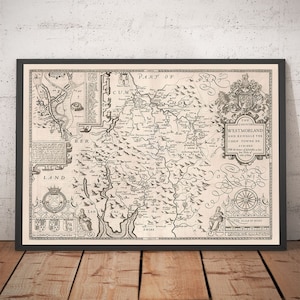 Alte Karte von Westmorland, 1611 von John Speed - Lake Distrikt, Cumbria, Kendal, Windermere, Grasmere - einfarbig, gerahmt, ungerahmt