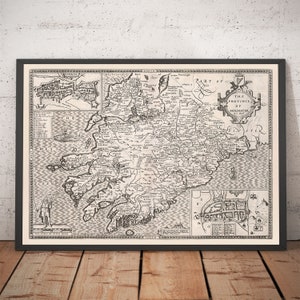 Carte ancienne de Munster, Irlande en 1611 - Comté de Cork, Clare, Kerry, Limerick, Tipperary, Waterford, Dingle - Monochrome avec cadre, sans cadre