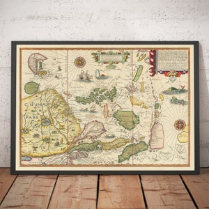 Alte Landkarte von Südostasien, 1596 - China, Korea, Japan, Philippinen, Singapur, Malaysia, Indonesien - gerahmt oder ungerahmt