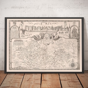 Old Map of Berkshire 1611 by Speed - Reading, Slough, Bracknell, Maidenhead, Henley, Eton, Windsor Castle - Monochrome Framed Unframed gift