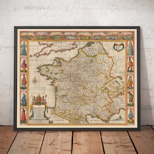 Oude kaart van Frankrijk, 1627 door John Speed - België, Normandië, Bretagne, Côte d'Azur, Pyreneeën - ingelijst, ingelijst, handgekleurd cadeau