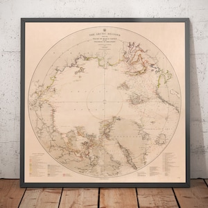 Ancienne carte d'exploration du pôle Nord, 1896 par l'US Navy - Carte Atlas Explorer du cercle polaire arctique - Cadeau encadré ou non