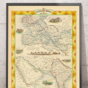 Old Mail Route Map: Europe to India, 1851 - British Empire Overland Trade - Suez, Camels, Red Sea, Arabia - Framed, Unframed