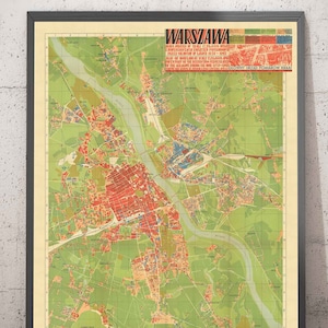 Old Map of the Nazi Destruction of Warsaw, 1949 - Censored Soviet WW2 Chart - Old Town, Ghetto, Muranow, Praga - Framed, Unframed