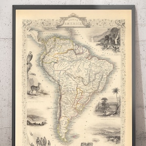 Old Map of South America, 1851 by Tallis & Rapkin - Portuguese Colonialism, Gold Washing, Amazon, Brazil, Colombia - Framed, Unframed