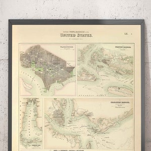Old Map of the Ports & Harbours in Southern USA, 1872 - Pensacola, New Orleans, Galveston, Key West, Charleston - Framed, Unframed