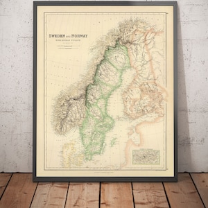 Alte Landkarte von Schweden, Norwegen und Russisch Finnland, 1872 von Fullarton - Skandinavien, Dänemark, Ostsee, Bottnischer Meerbusen - Geschenk ohne Rahmen