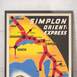 Oude posterkaart van de Orient Express-spoorweg, 1947 door Walther Spinner - Simplon, Parijs, Lausanne, Genève, Venetië, Londen, Caïro