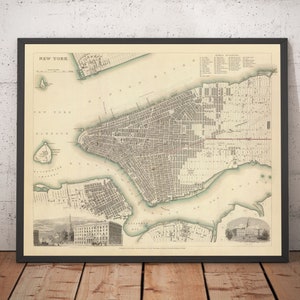 Ancienne carte de New York, États-Unis de 1840 - Manhattan, Brooklyn, Williamsburg, Jersey City, rivière Hudson, East River - encadrée ou non
