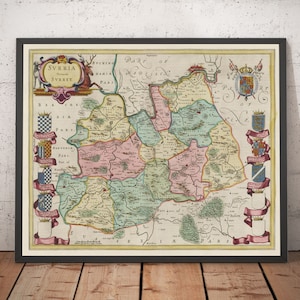 Alte Karte von Surrey im Jahr 1665 von Joan Blaeu - Woking, Guildford, Croydon, Richmond, Kingston, Reigate, Oxted, Sutton - gerahmt, ungerahmt