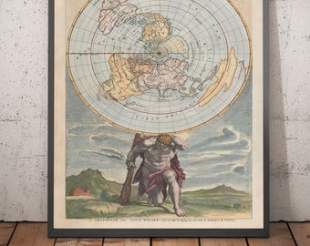 Antiguo mapa mundial del planisferio de la Tierra plana, 1715 por Louis Renard - Proyección Cassini - Atlas Shrugged - Regalo enmarcado o sin marco
