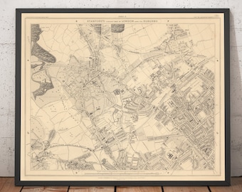 Old Map of North London in 1862 - Highgate, Hampstead Heath, Holloway, Crouch End - N6, N8, N19, N7, NW3, NW5 - Framed or Unframed Gift