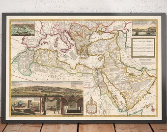 Old Map of Ottoman Empire, 1714 by Moll - Turkish Empire - South Europe, North Africa, Balkans, Middle East - Framed, Unframed,