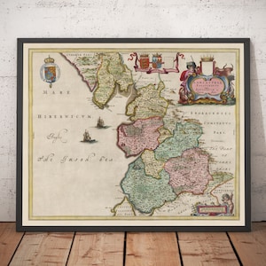 Oude kaart van Lancashire, 1654, Joan Blaeu - Manchester, Liverpool, Preston, Blackburn, Burnley, Bury, Rochdale, Oldham - ingelijst ingelijst cadeau