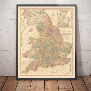Alte Karte von Großbritannien, 1801 von Faden - England, Wales, Schottland, Straßen, Kanäle, Postkutsche - Geschenk gerahmt ungerahmt