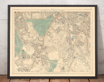 Old Map of South London, 1891 - Clapham, Balham, Brixton, Tooting, Common, Park - SW2, SW4, SW12, SW17, SW11 - Colour Framed, Unframed Gift