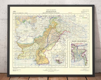 First Map of Pakistan, 1953 - Old Map of Independent West & East - Lahore, Bangladesh, Kashmir, British Raj - Framed, Unframed