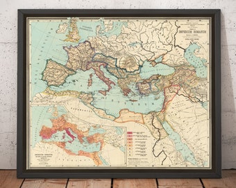 Old Roman Empire World Map 266BC - 305AD by Perthes & Kampen - Rare Chart of Byzantine, Byzantium - Framed, Unframed Gift