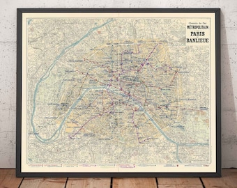 Old Map of Paris Métro Subway, 1934 by Gaillac-Monrocq - 13 Lines, Landmarks, Arc de Triomphe, City Tourist Map - Framed, Unframed