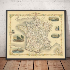 Old Map of France, 1851 - Paris, Calais, Toulouse, Nice, Bordeaux, Departments & Counties - Handcoloured Framed, Unframed