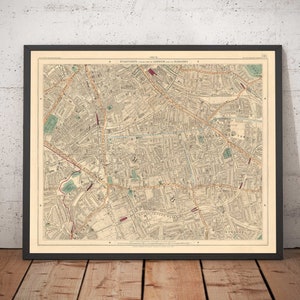 Oude kaart van Zuid-Londen in 1891 - Camberwell, Peckham, Walworth, Nunhead, Old Kent Road - SE5, SE17, SE15, SE1, SE16 - cadeau ingelijst in kleur