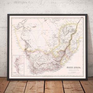 Old Map of South Africa, 1860 - British & Dutch Cape Colony - Durban, Pretoria, Cape Town, Botswana, Namibia - Framed, Unframed