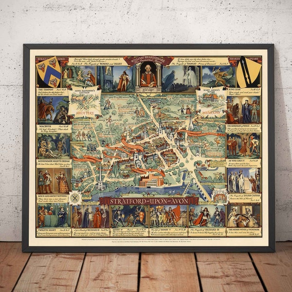Old Map of Stratford Upon Avon, 1948 by Kerry Lee - Shakespeare, Theatre, Plays, Nash's House, Poet's Landmarks - Framed, Unframed