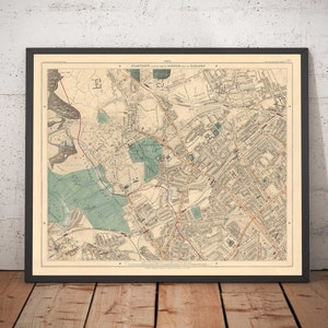 Vecchia mappa del nord di Londra del 1891 - Highgate, Hampstead Heath, Holloway, Crouch End - N6, N8, N19, N7, NW3 NW5 - Con cornice a colori, senza cornice, regalo