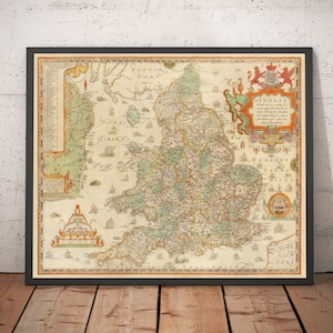 Old Map of England & Wales, 1579 by Saxton - First Printed Map of British Isles - UK, Britain - Rare Framed, Unframed  Chart