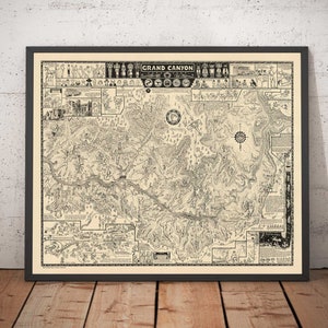Antigo mapa ilustrativo do Grand Canyon em 1931 por Jo Mora - Arizona, Rio Colorado, Horseshoe Bend, Nativos Americanos
