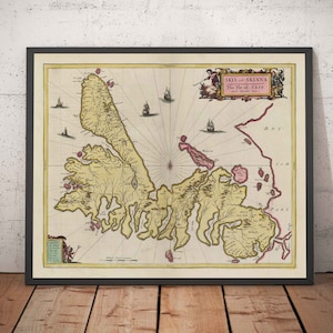 Mapa antiguo de la isla de Skye de 1665, obra de Joan Blaeu (Portree, Raasay, Soay, Scalpay, Dunvegan), con o sin marco.