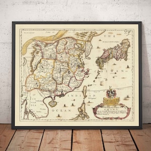 Oude kaart van China en Oost-Azië, 1669 door Blome - Grote muur, kantons, Korea, Japan, Vietnam, Thailand, Cambodja - ingelijst, ingelijst