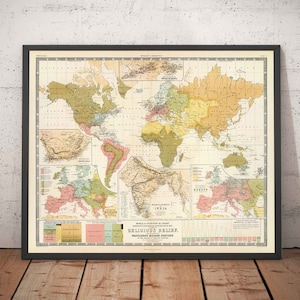 Old Religion World Map, 1854 - Religious Beliefs 19th Century - Buddhists, Protestants, Catholics, Muslims, Heathens - Framed, Unframed Gift