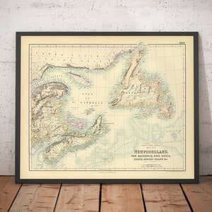 Oude kaart van Newfoundland, Nova Scotia en New Brunswick, 1872 door Fullarton - Canada, koloniaal Brits Noord-Amerika - ingelijst, ingelijst cadeau