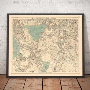 Alte Karte von Süd-London, 1891 - Clapham, Balham, Brixton, Tooting, Common, Park - SW2, SW4, SW12, SW17, SW11 - mit farbigem Rahmen, Geschenk ohne Rahmen