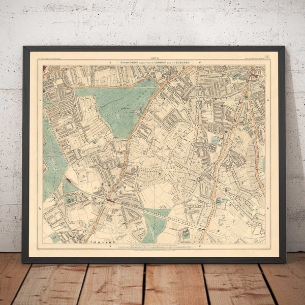 Old Map of South London, 1891 - Clapham, Balham, Brixton, Tooting, Common, Park - SW2, SW4, SW12, SW17, SW11 - Colour Framed, Unframed Gift