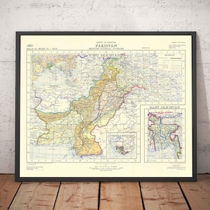 Primer mapa de Pakistán, 1953 - Mapa antiguo del Oeste y el Este independientes: Lahore, Bangladesh, Cachemira, Raj británico - Con marco y sin marco
