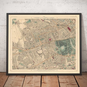 Alte Karte von West London - Notting Hill, Kensington, Portobello Road, Shepherds Bush, Bayswater - W11 W2 W8 SW7 W14 W6 W12 W10 - farbig gerahmt