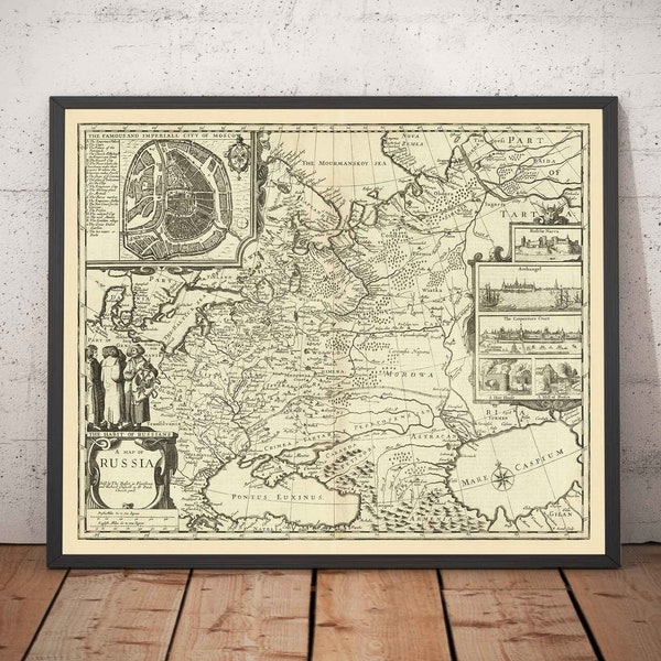 Alte Karte von Russland, 1676 von John Speed - Peter der Große Russisches Reich, Altes Europa, Moskau, Kiev Tataren, Ukraine - Gerahmt, Ungerahmt