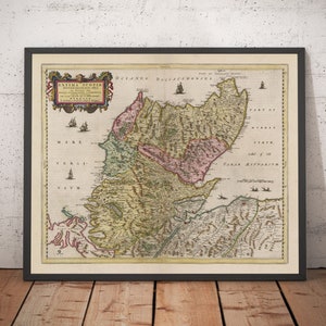 Ancienne carte des Highlands écossais, 1665 par Blaeu - Caithness, Sutherland, Ross, Nairn, Inverness, Moray - encadrée, non encadrée