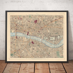 Mapa antiguo de la ciudad de Londres, 1891: London Bridge, St Pauls, Liverpool St, Bank, Finsbury, Southwark - EC1 EC2 EC3 EC4 E1 SE1 - Enmarcado a color