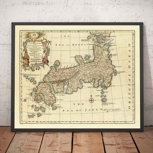 Old Map of Japan by Bowen in 1744 - Tokyo, Kyoto, Osaka, Honshu, Shikoku, Kyushu, Kamchatka, Oriental East Asia - Framed, Unframed