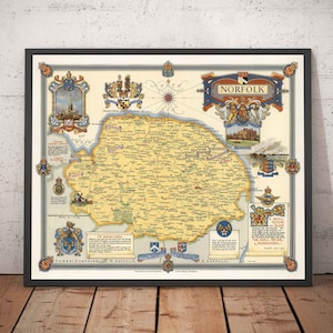 Old Map of Norfolk by Ernest Clegg, 1945 - Sandringham, Norwich, Yarmouth, Winston Churchill, Lord Nelson, WW2 - Framed, Unframed