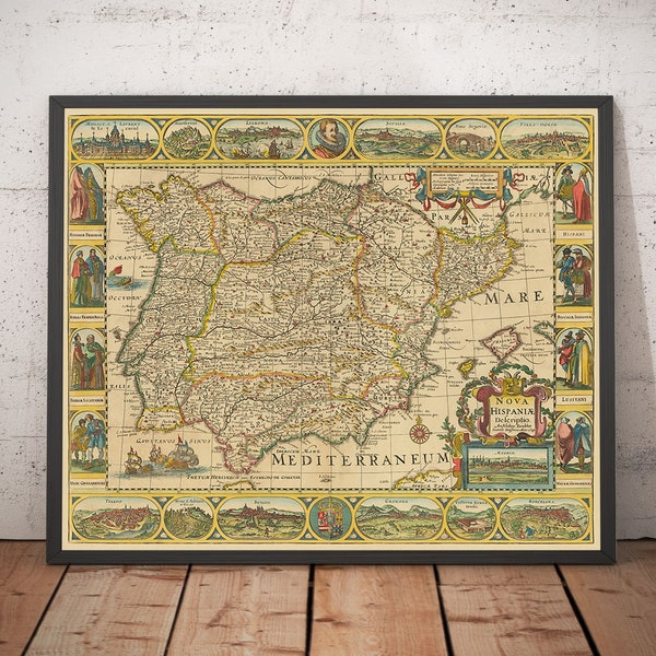 Oude kaart van Spanje en Portugal, 1659 door Jansson - Madrid, Lissabon, Barcelona, Catalonië, Valencia, Iberia, Middellandse Zee - Ingelijst, ingelijst cadeau