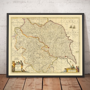 Alte Karte von Yorkshire, 1690 - York, Leeds, Sheffield, Rotherham, Doncaster, MIrchelsbrough, Hull, Withby, Humber - gerahmt, ungerahmt